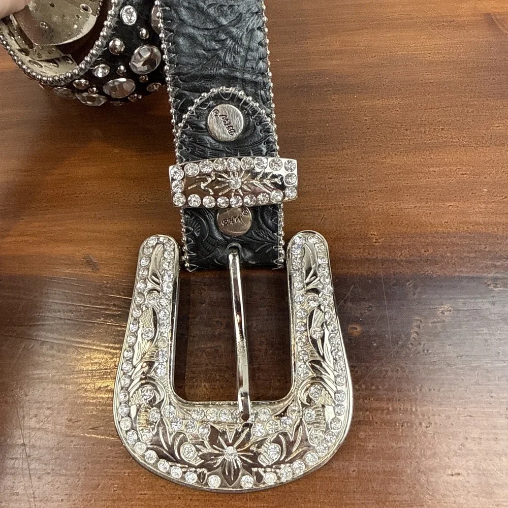 Vintage‎ Y2K Studded Rhinestone Black Leather Western Belt Sz M - Picture 3 of 9